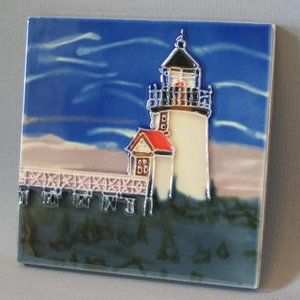 New Ceramic Art Tile Lighthouse 4"x4" Coaster Trivet Wall Picture Blue Sky Grey